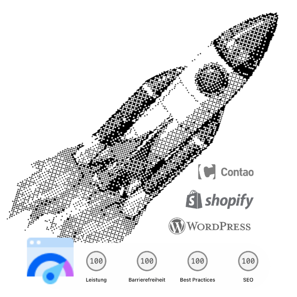 Rakete als Symbol für schnelle und leistungsstarke Websites mit Contao, WordPress und Shopify